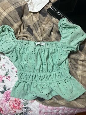 Altar'd State Mint Green Eyelet Puff-Sleeve Peplum Top